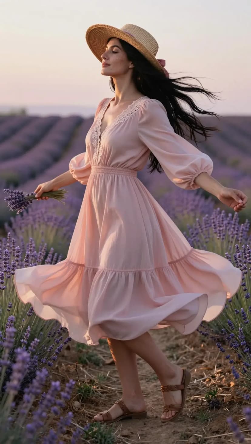 Pink Chiffon Tiered Midi Dress + Straw Wide-Brim Hat + Brown Leather Flat Sandals