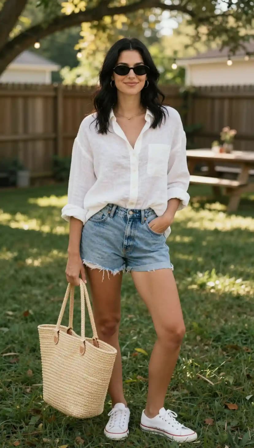 White Linen Shirt + Denim Shorts + Straw Tote Bag