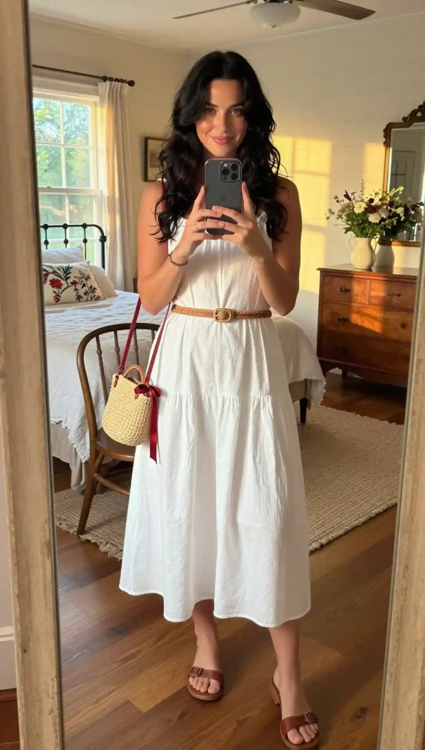 White Tiered Maxi Dress + Woven Belt + Straw Basket Bag
