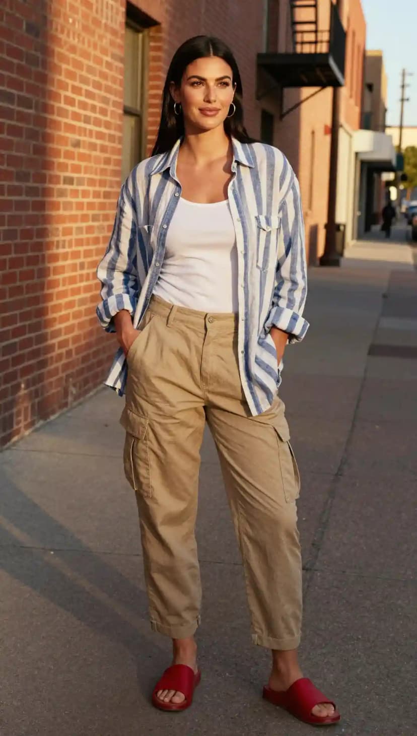 Blue and White Striped Linen Shirt + White Tank Top + Khaki Cargo Pants