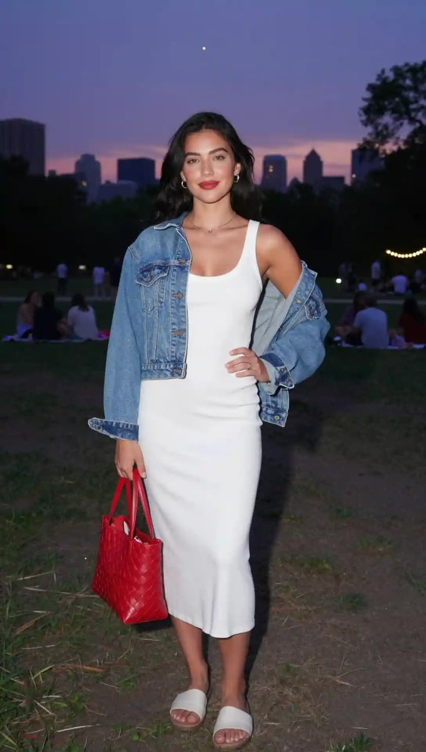 White Ribbed Tank Dress + Denim Jacket + Red Woven Tote