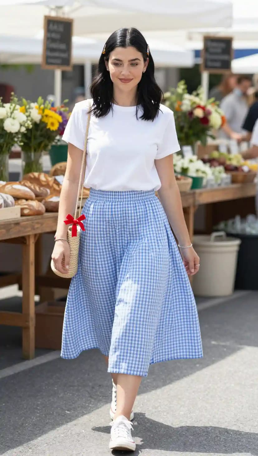 White T-shirt + Blue Gingham Midi Skirt + Straw Bag