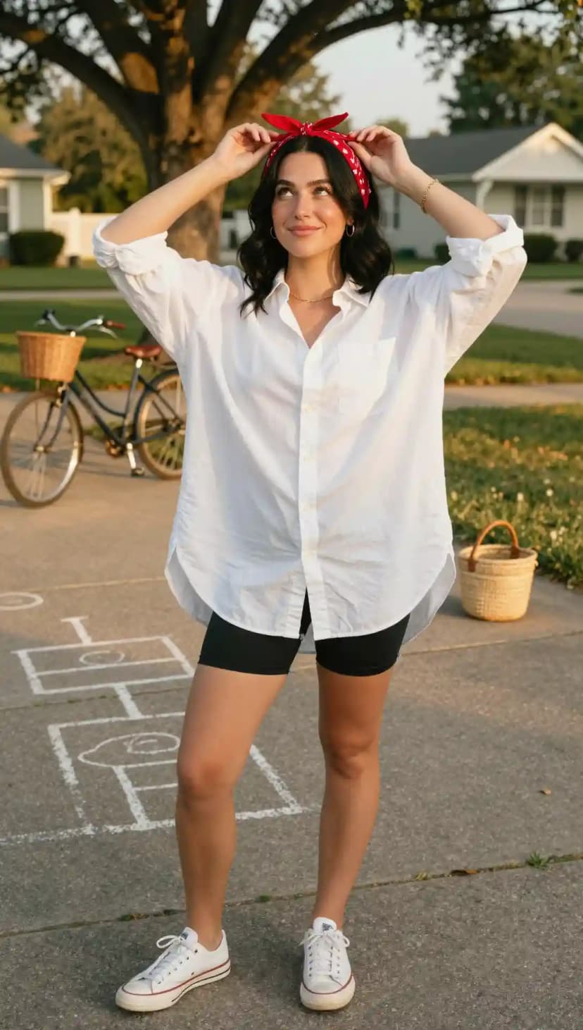 Oversized White Button-Down Shirt + Black Bike Shorts + Red Bandana