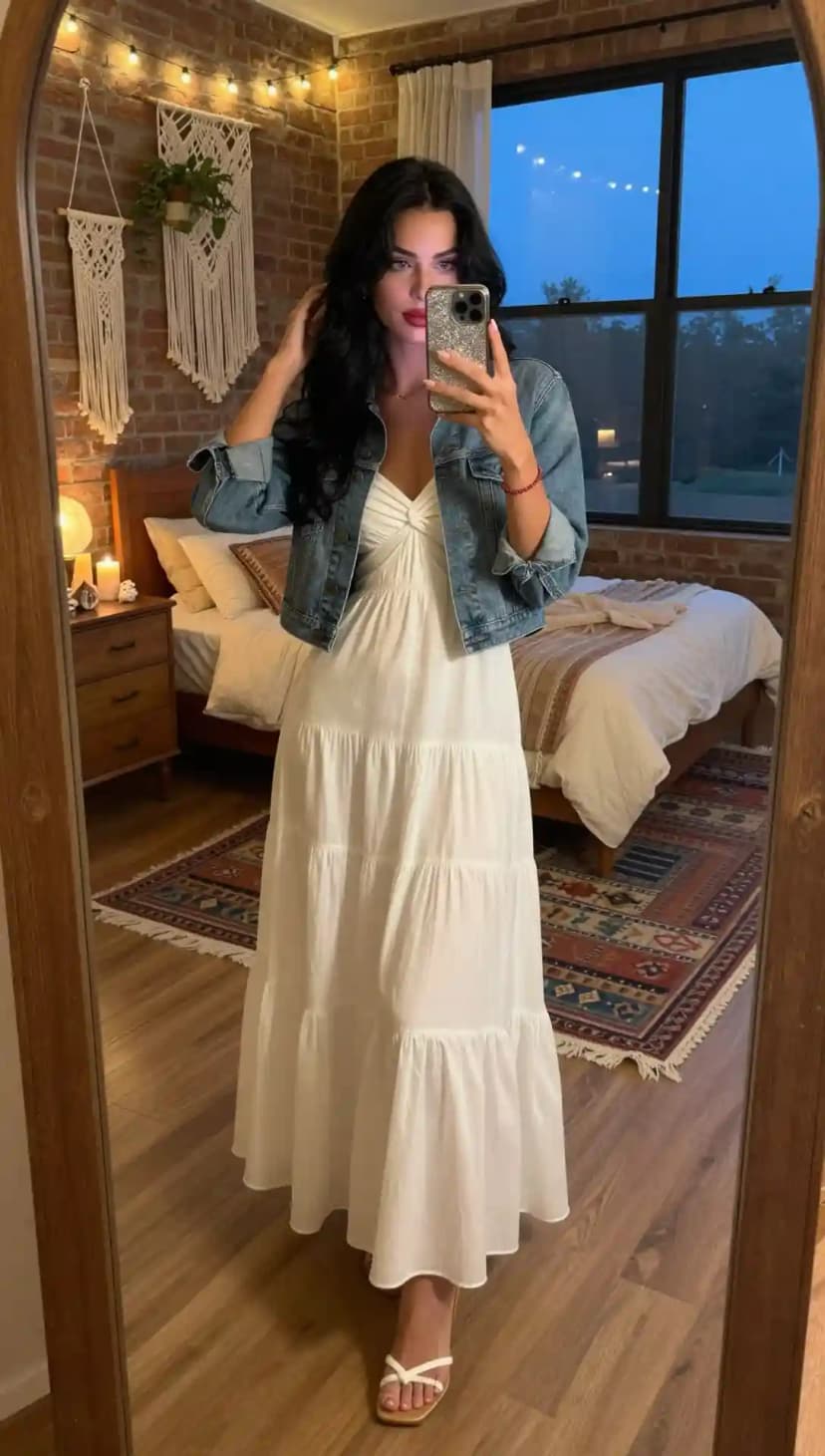 White Tiered Maxi Dress + Denim Jacket