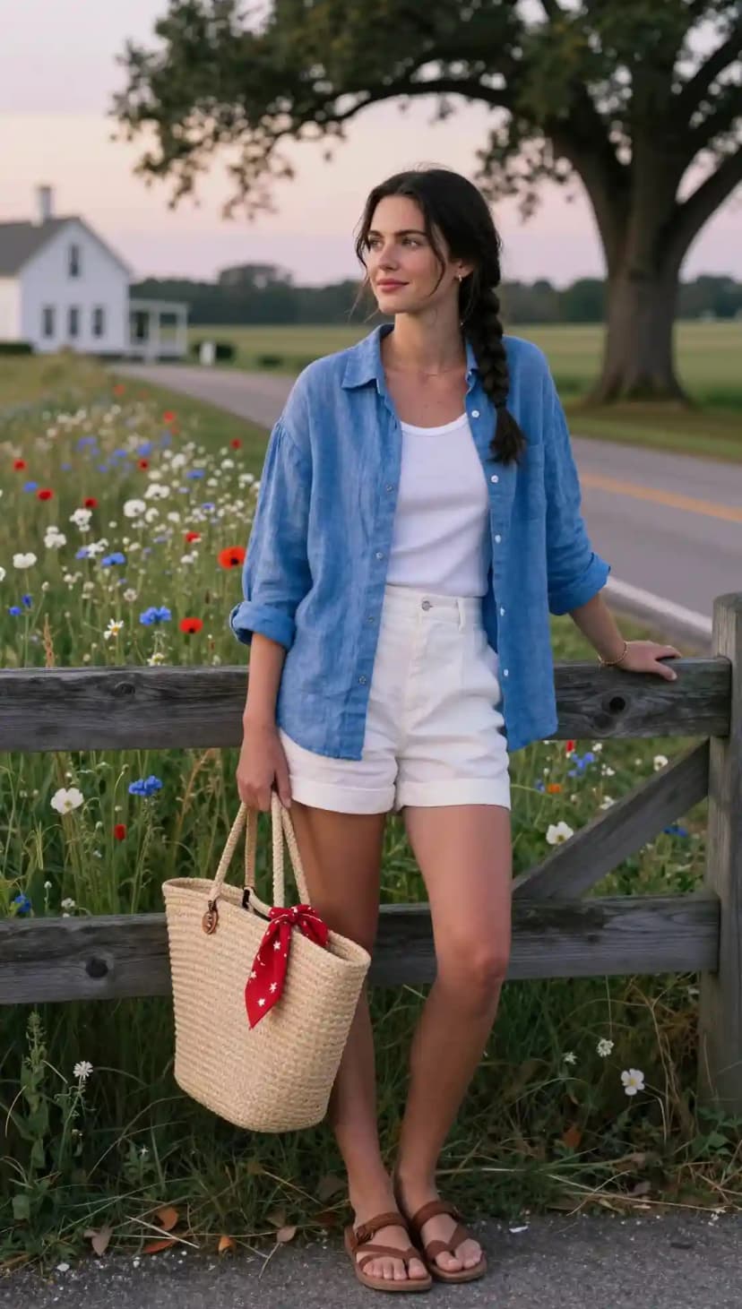 Blue Linen Shirt + White Tank Top + White Shorts + Straw Bag + Red Bandana