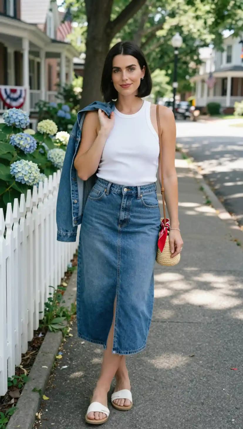 White Ribbed Tank Top + Denim Midi Skirt + Denim Jacket