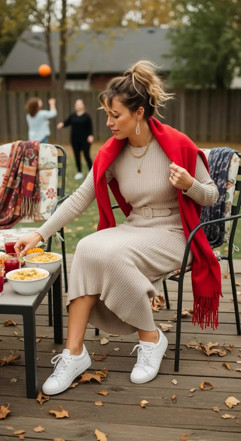 Beige Sweater Dress + Red Scarf + White Sneakers