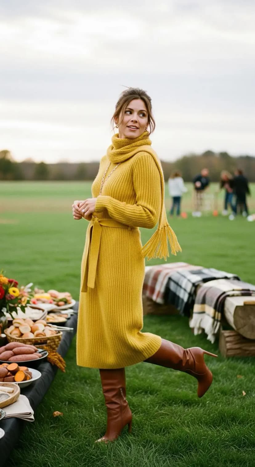 Mustard Ribbed Sweater Dress + Matching Scarf + Brown Heeled Boots
