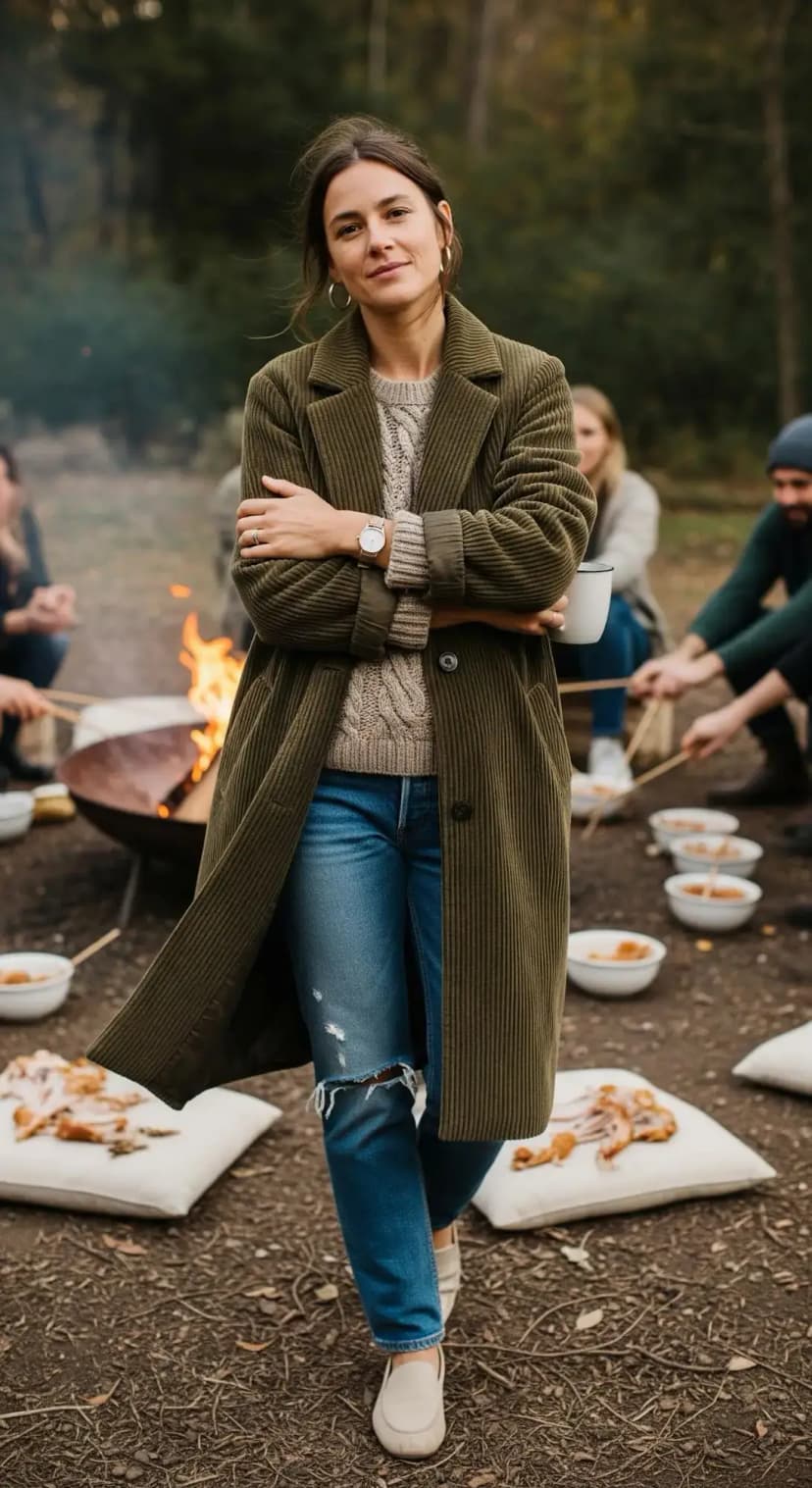 Chunky Sweater + Olive Green Coat + Distressed Jeans + Beige Slip-Ons