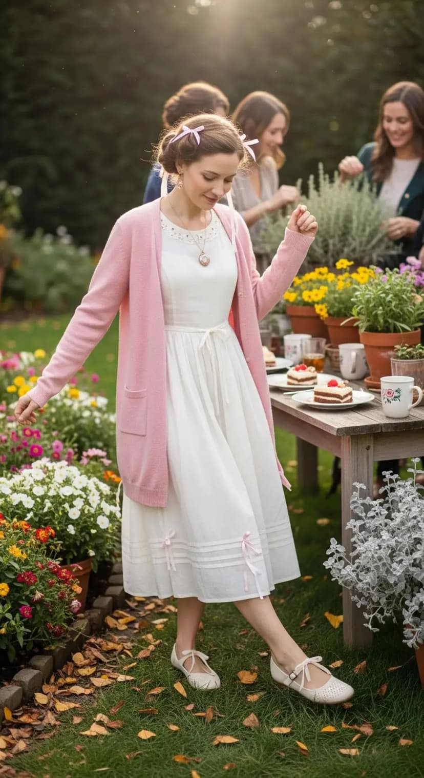 White Dress + Pink Cardigan + Ballet Flats + Hair Bows