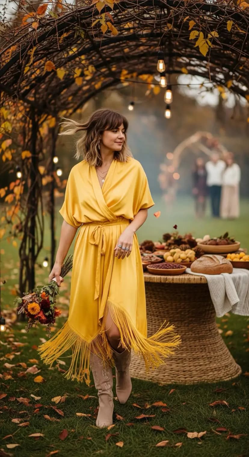 Yellow Fringe Wrap Dress + Taupe Cowboy Boots