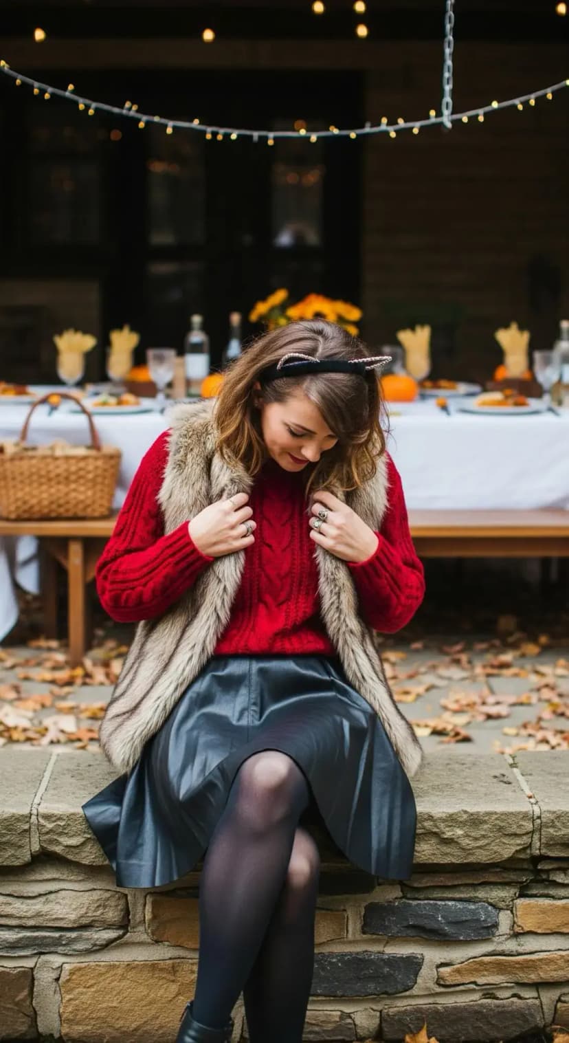 Red Cable Knit Sweater + Faux Fur Vest + Black Skirt + Tights + Booties