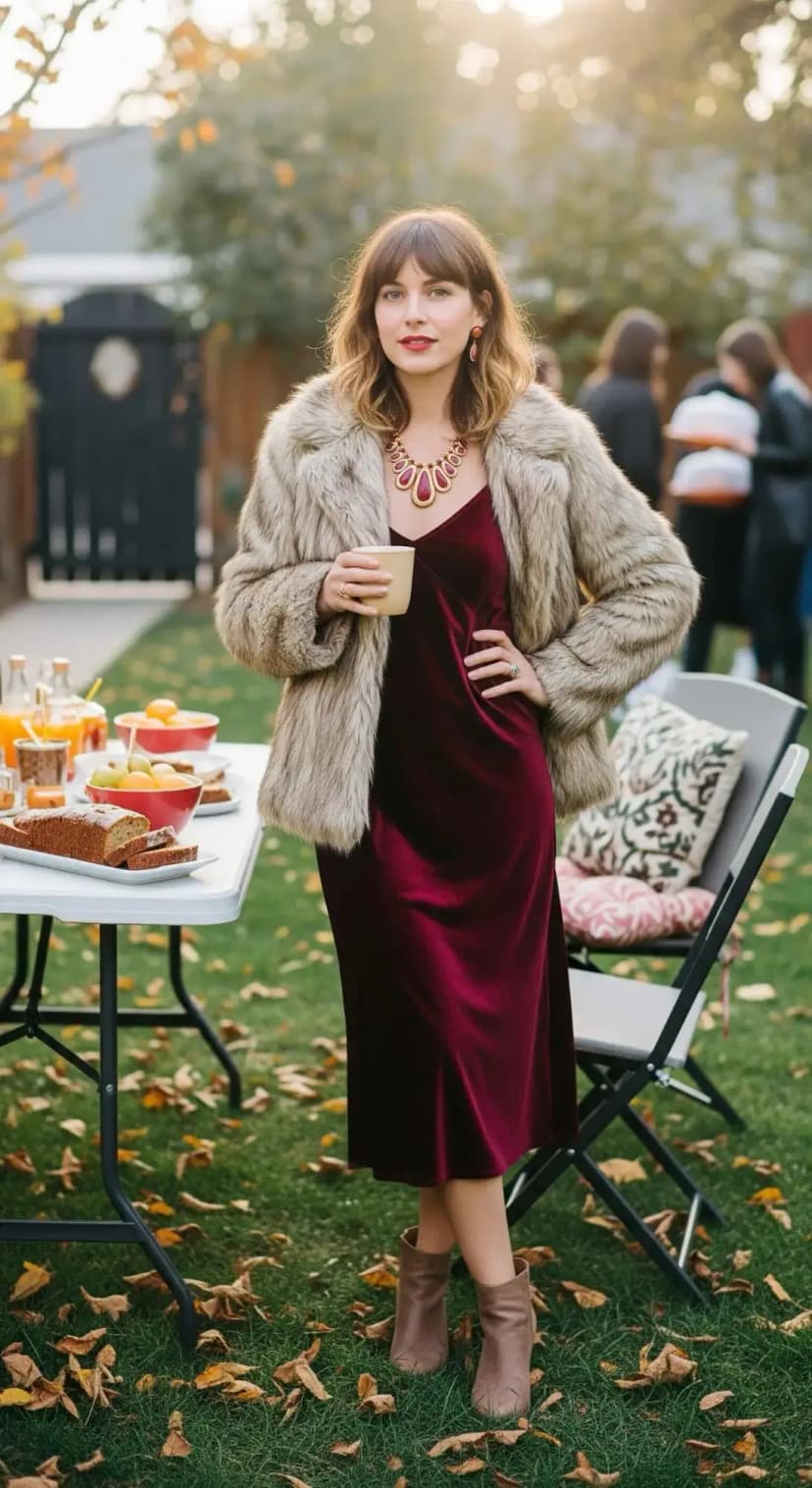 Burgundy Velvet Slip Dress + Faux Fur Coat + Taupe Ankle Boots