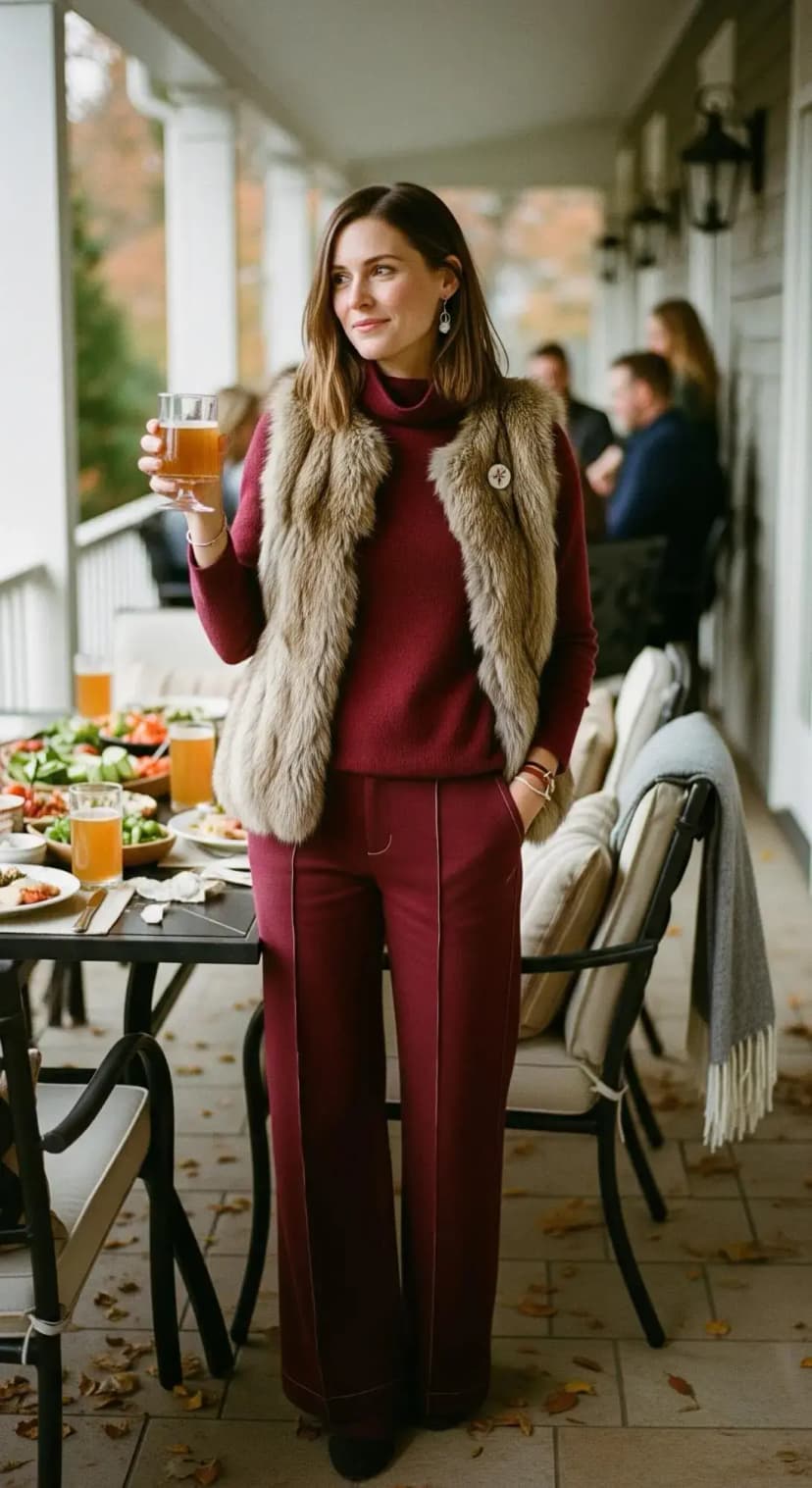 Burgundy Knit Top + Faux Fur Vest + Burgundy Trousers