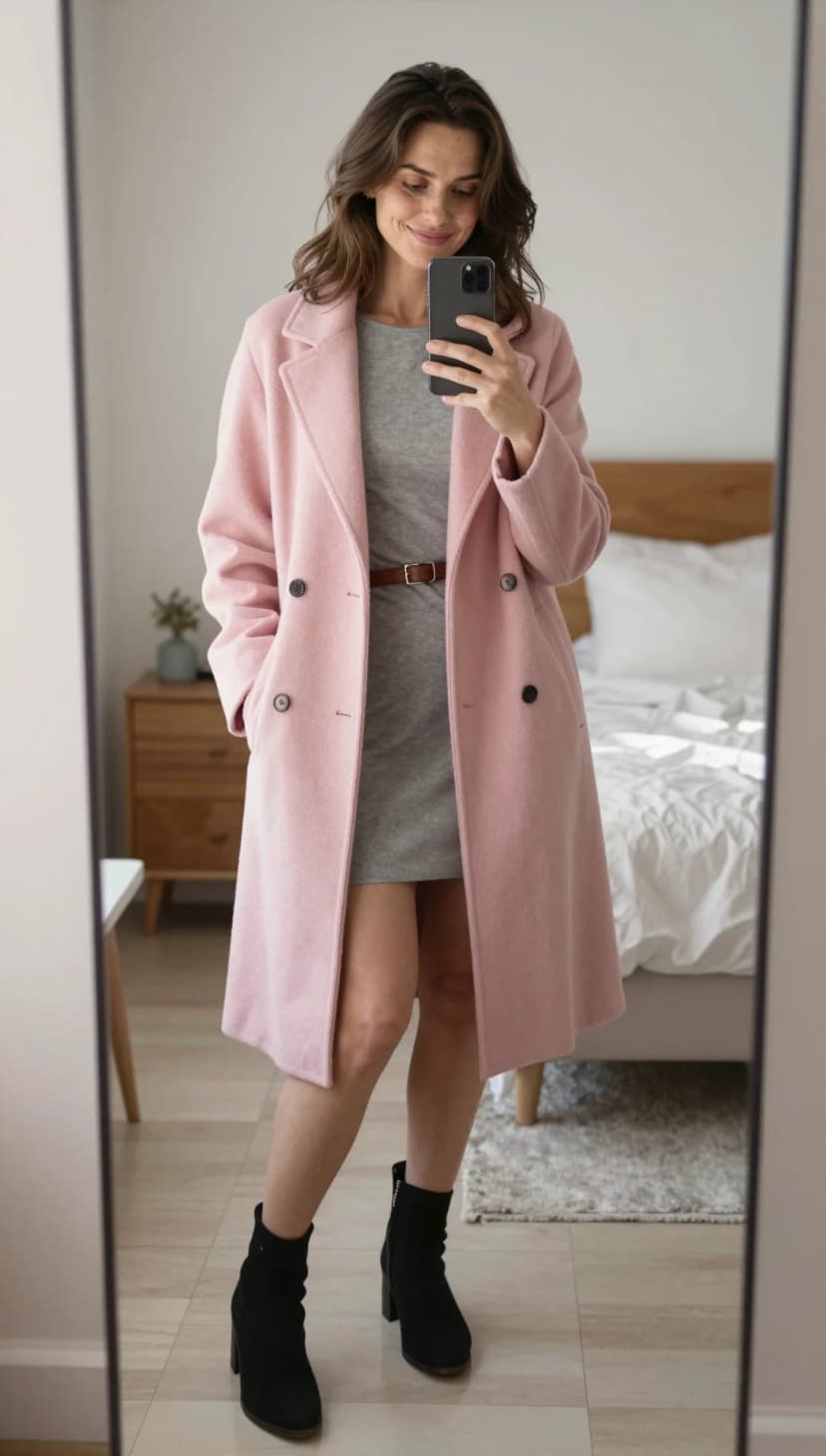 Pink Wool Coat + Grey Knit Mini Dress + Brown Leather Belt + Black Suede Ankle Boots