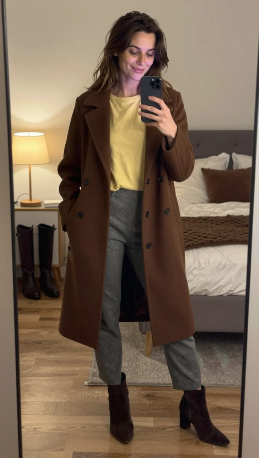 Brown Wool Coat + Yellow Cotton T-Shirt + Grey Wool Trousers + Dark Brown Suede Ankle Boots