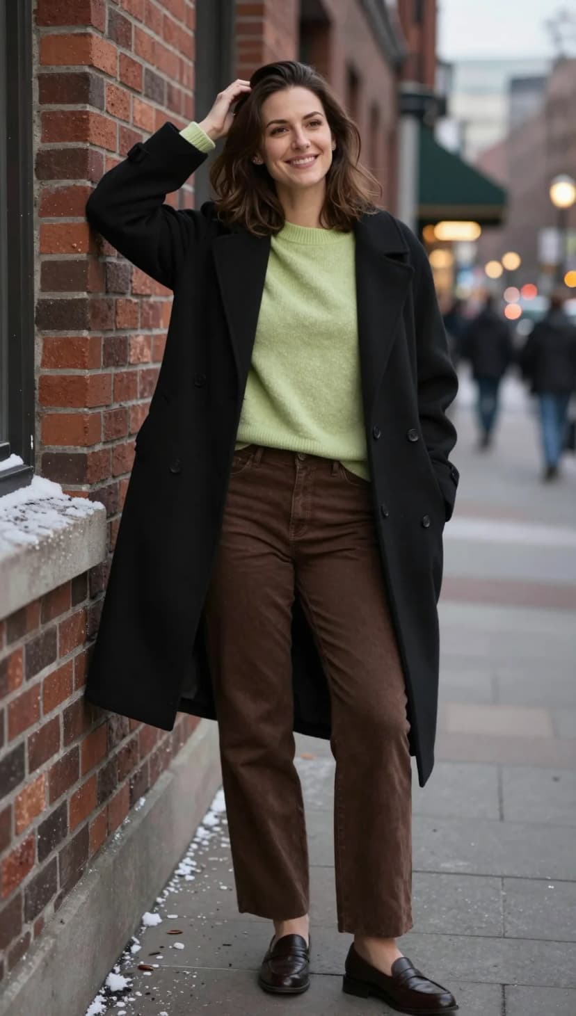 Light Green Knit Sweater + Brown Corduroy Pants + Black Wool Coat + Dark Brown Loafers