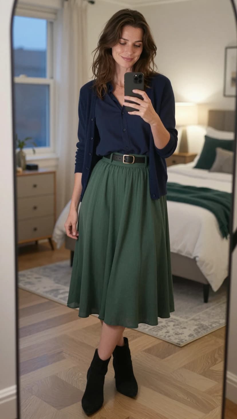 Navy Button-Down Shirt + Navy Cardigan + Green Midi Skirt + Black Belt + Black Suede Ankle Boots