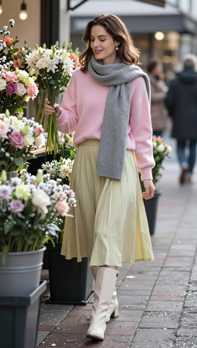 Pink Knit Sweater + Pale Yellow Pleated Midi Skirt + Grey Scarf + Cream Leather Boots