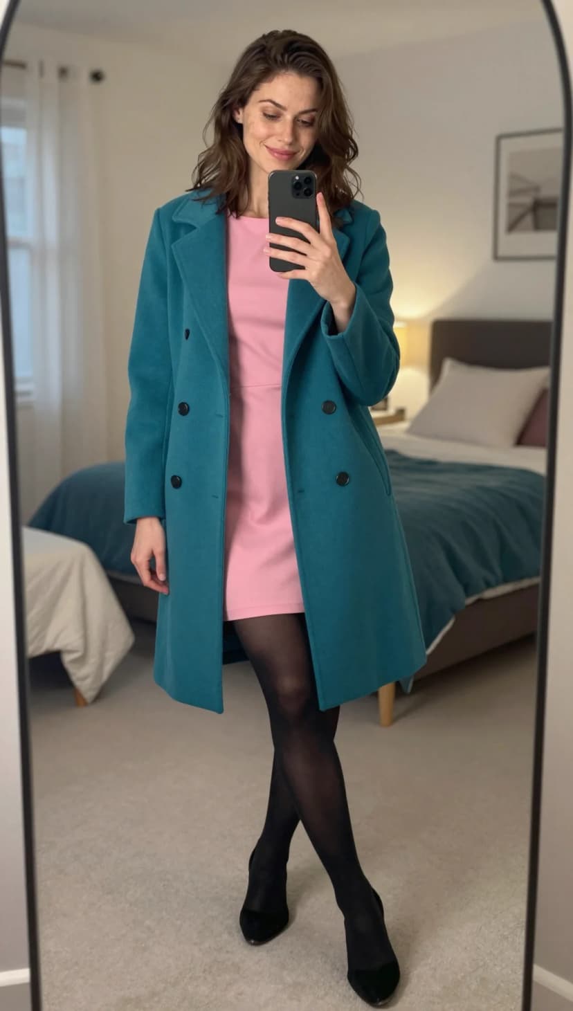Teal Wool Coat + Pink Knit Mini Dress + Black Sheer Tights + Black Suede Heels