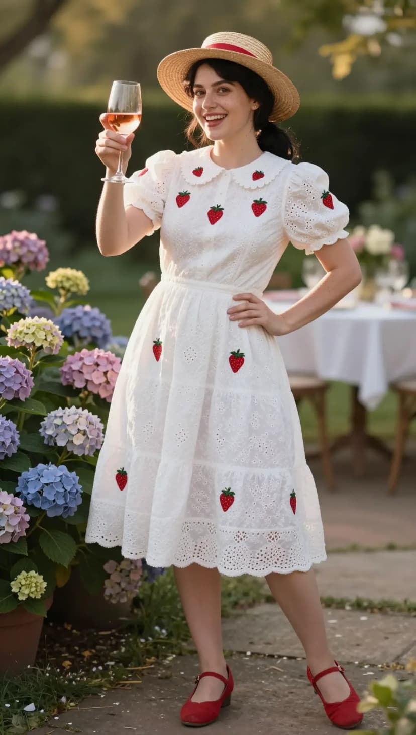 White Broderie Anglaise Cotton Dress + Red Suede Mary Janes