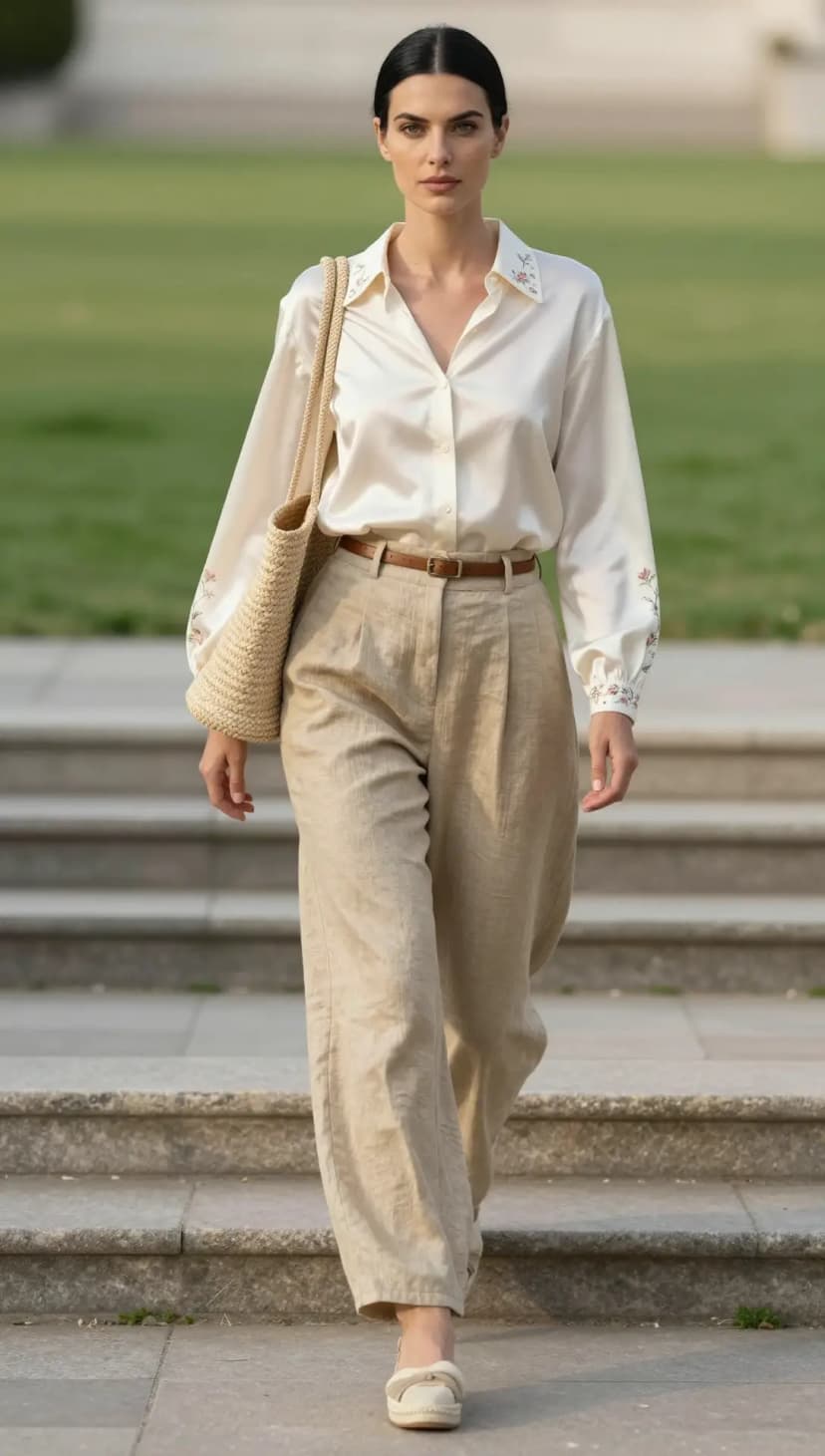 Cream Silk Embroidered Shirt + Beige Linen Wide-Leg Trousers