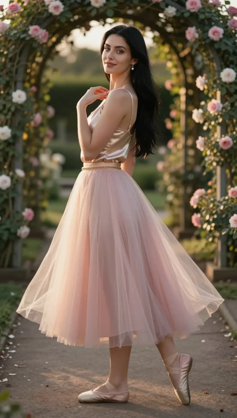 Champagne Satin Camisole + Blush Tulle Midi Skirt + Gold Chain Belt