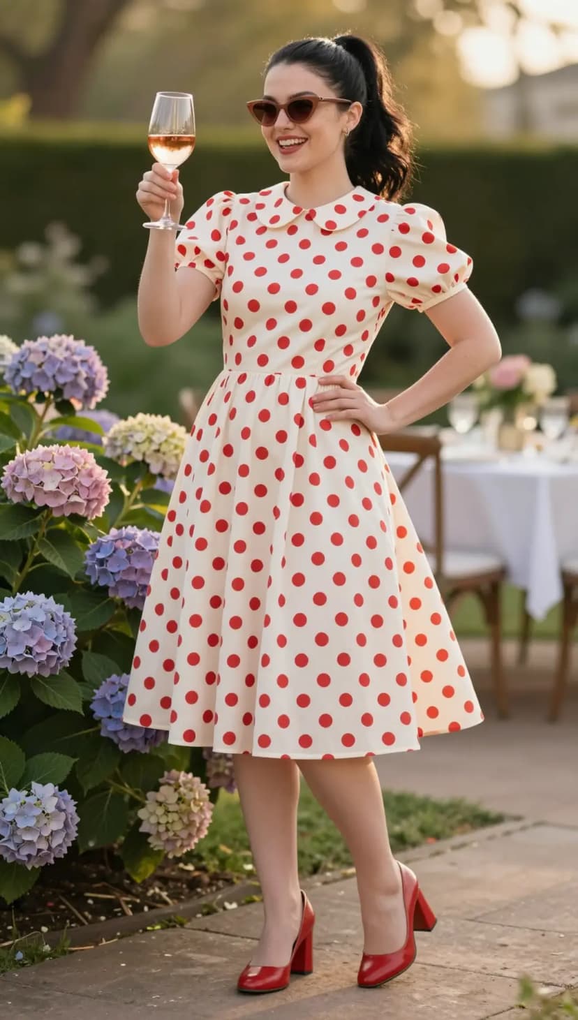 Cream Polka Dot Cotton Dress + Red Leather Heels