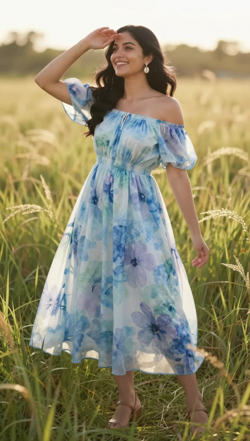 Blue Floral Chiffon Off-the-Shoulder Dress
