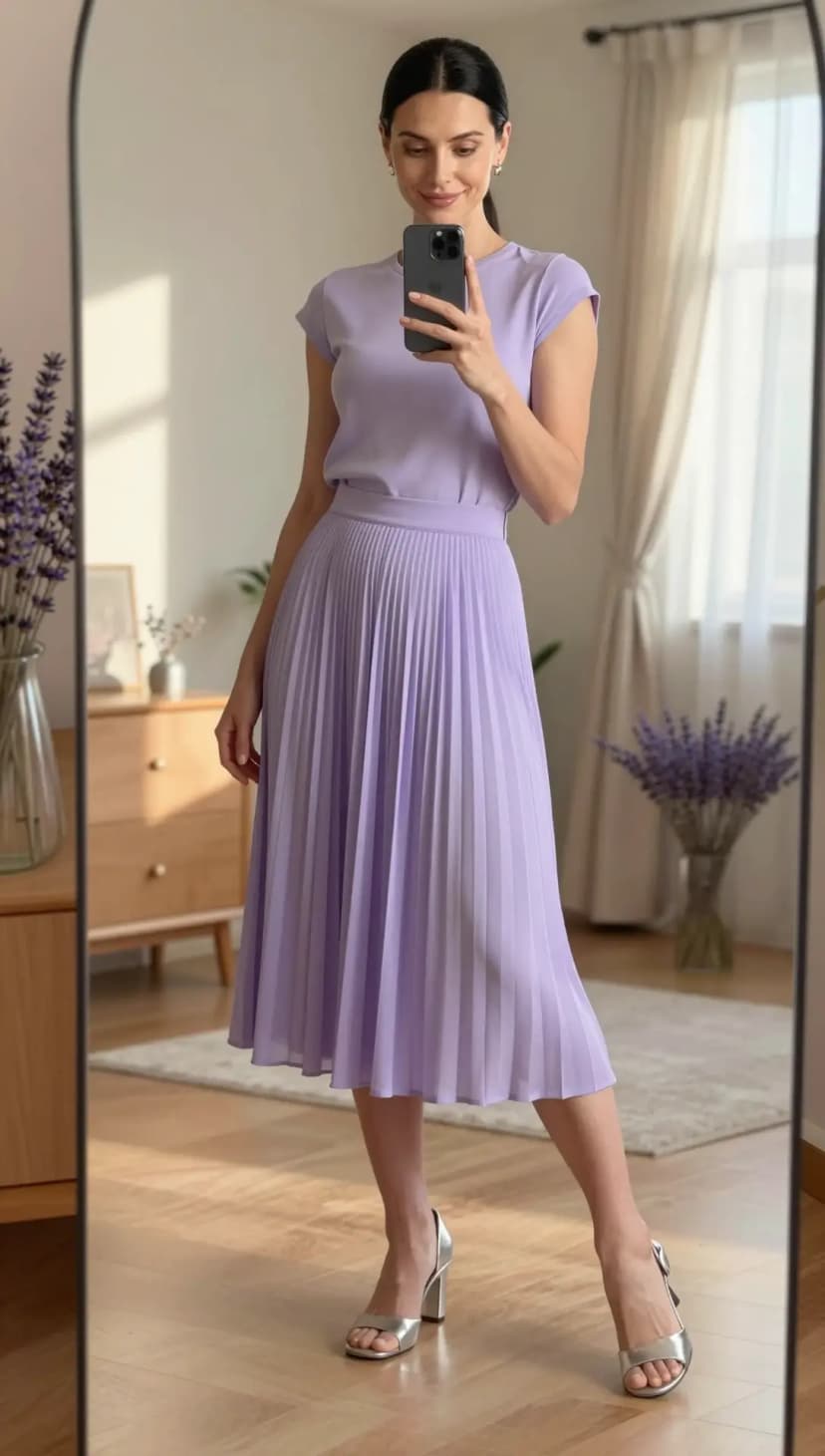 Lilac Jersey Cap Sleeve Top + Lilac Chiffon Pleated Midi Skirt + Silver Block Heel Sandals