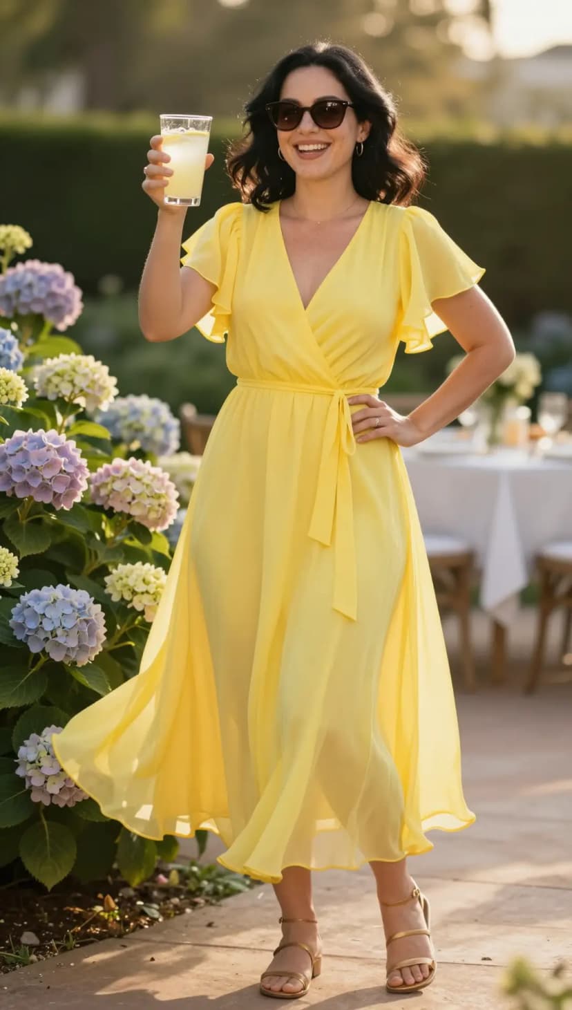 Yellow Chiffon Wrap Dress + Gold Strappy Heeled Sandals