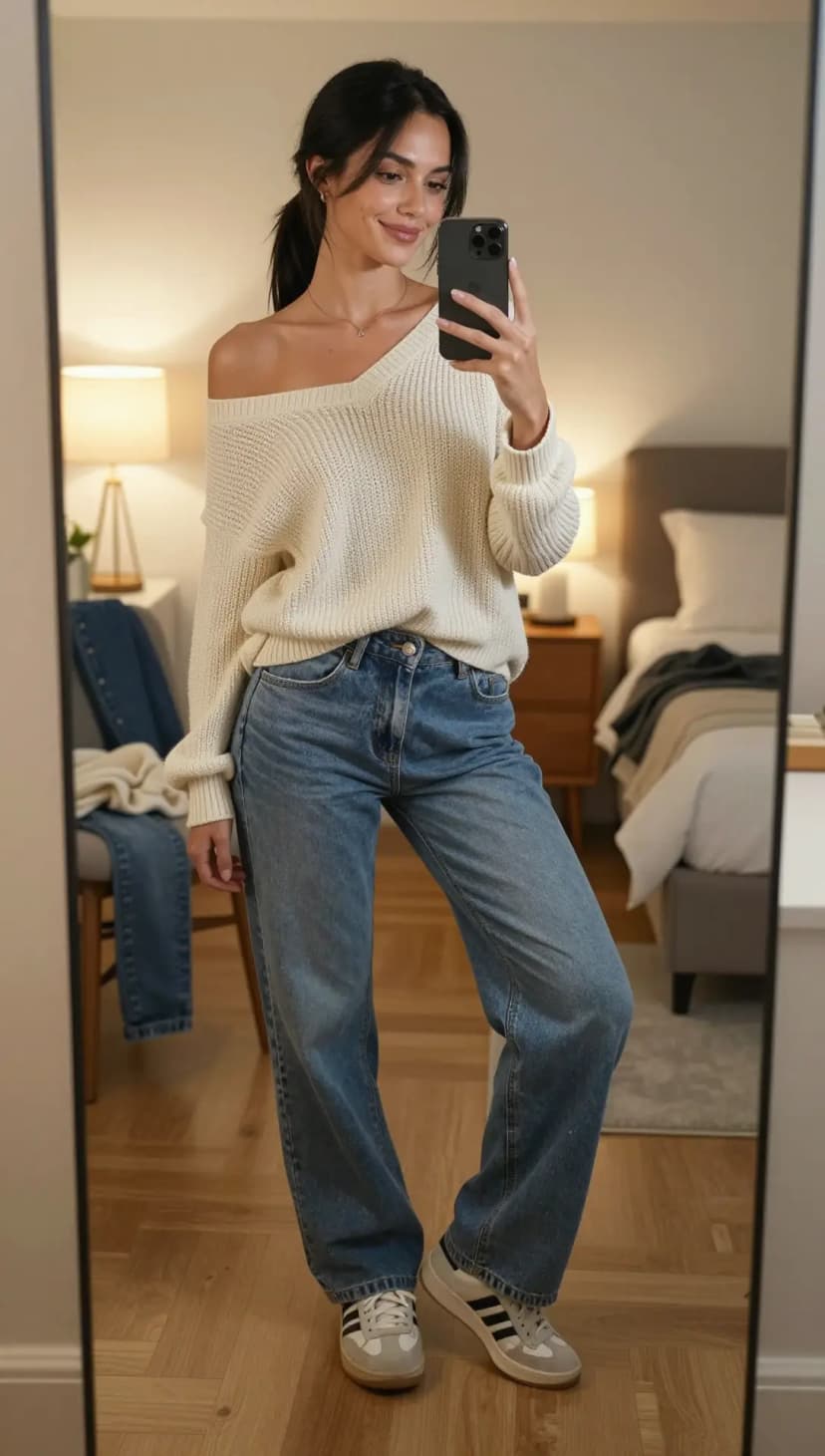 Cream Knit Sweater + Blue Denim Jeans