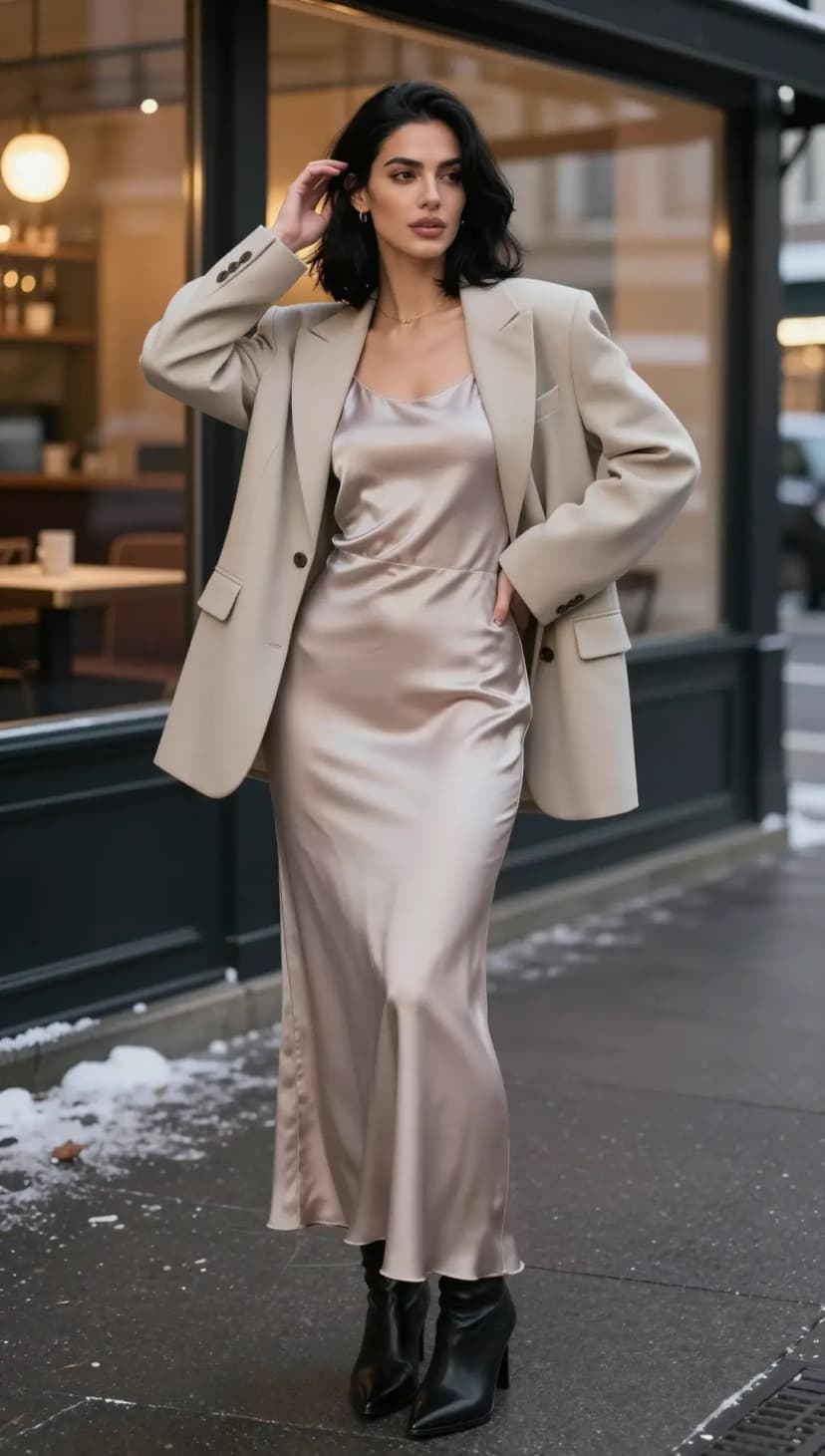 Beige Satin Slip Dress + Beige Wool Blazer + Black Leather Ankle Boots
