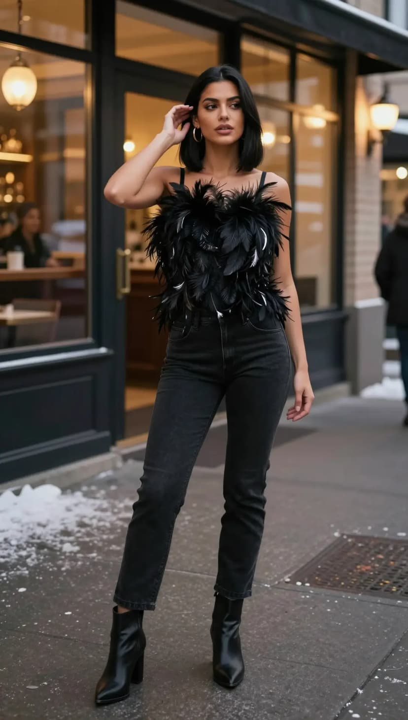 Cream Feather Crop Top + Light Wash Straight Leg Jeans + Taupe Suede Ankle Boots