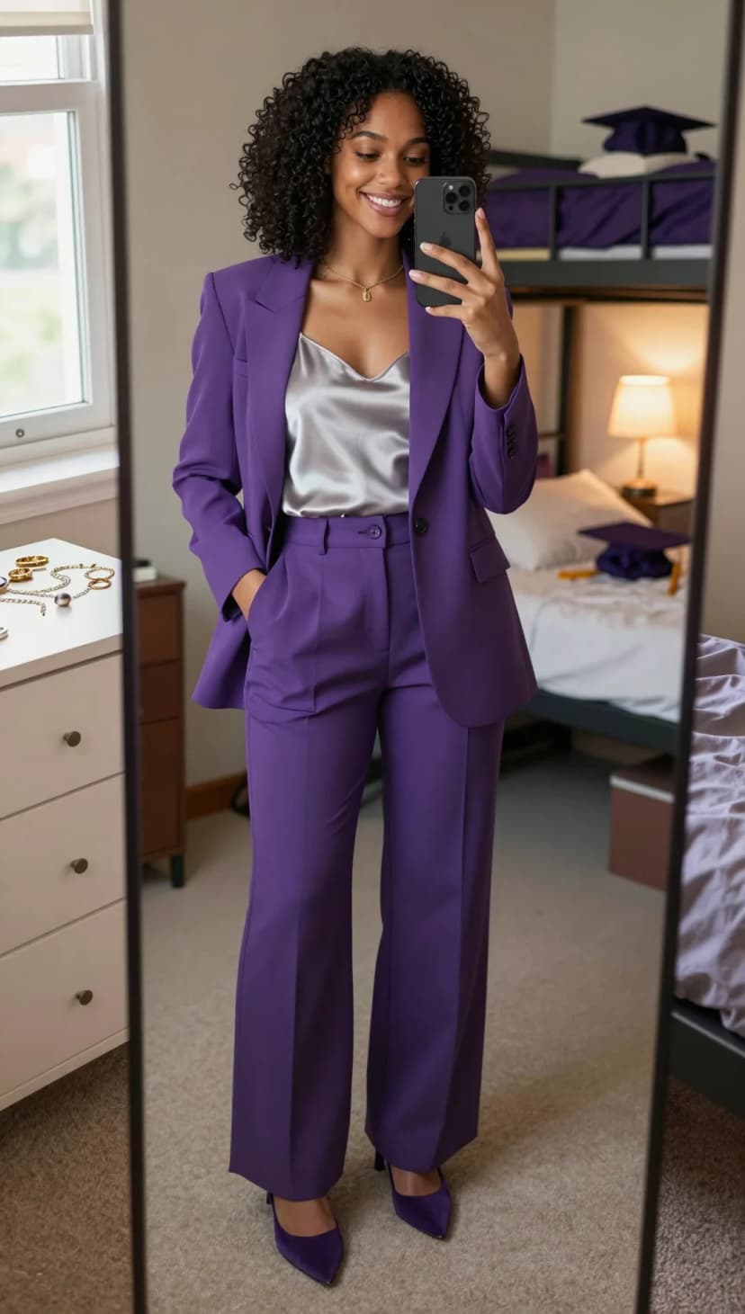 Purple Suit + Silver Satin Camisole + Purple Suede Heels