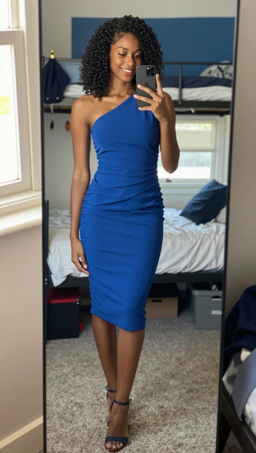 Royal Blue One-Shoulder Ruched Midi Dress + Navy Ankle Strap Heels