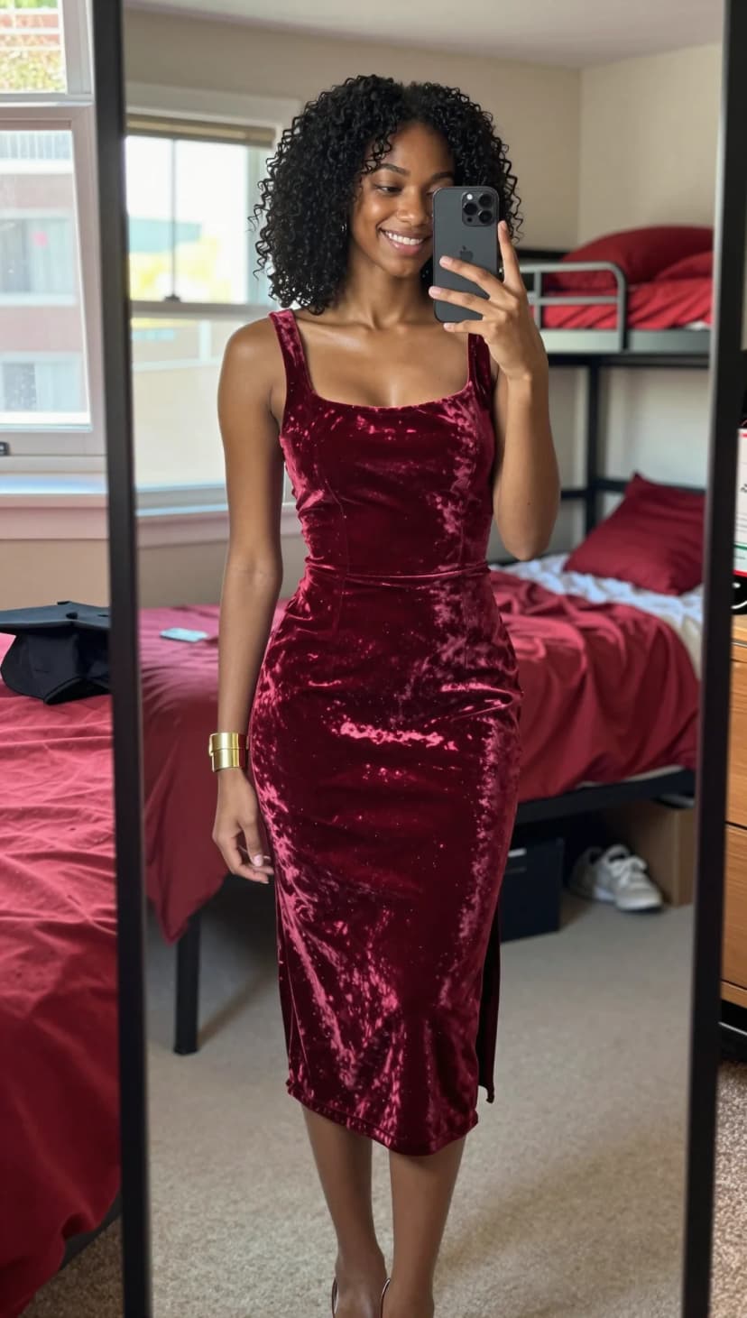 Burgundy Crushed Velvet Midi Dress + Gold Cuff Bracelet