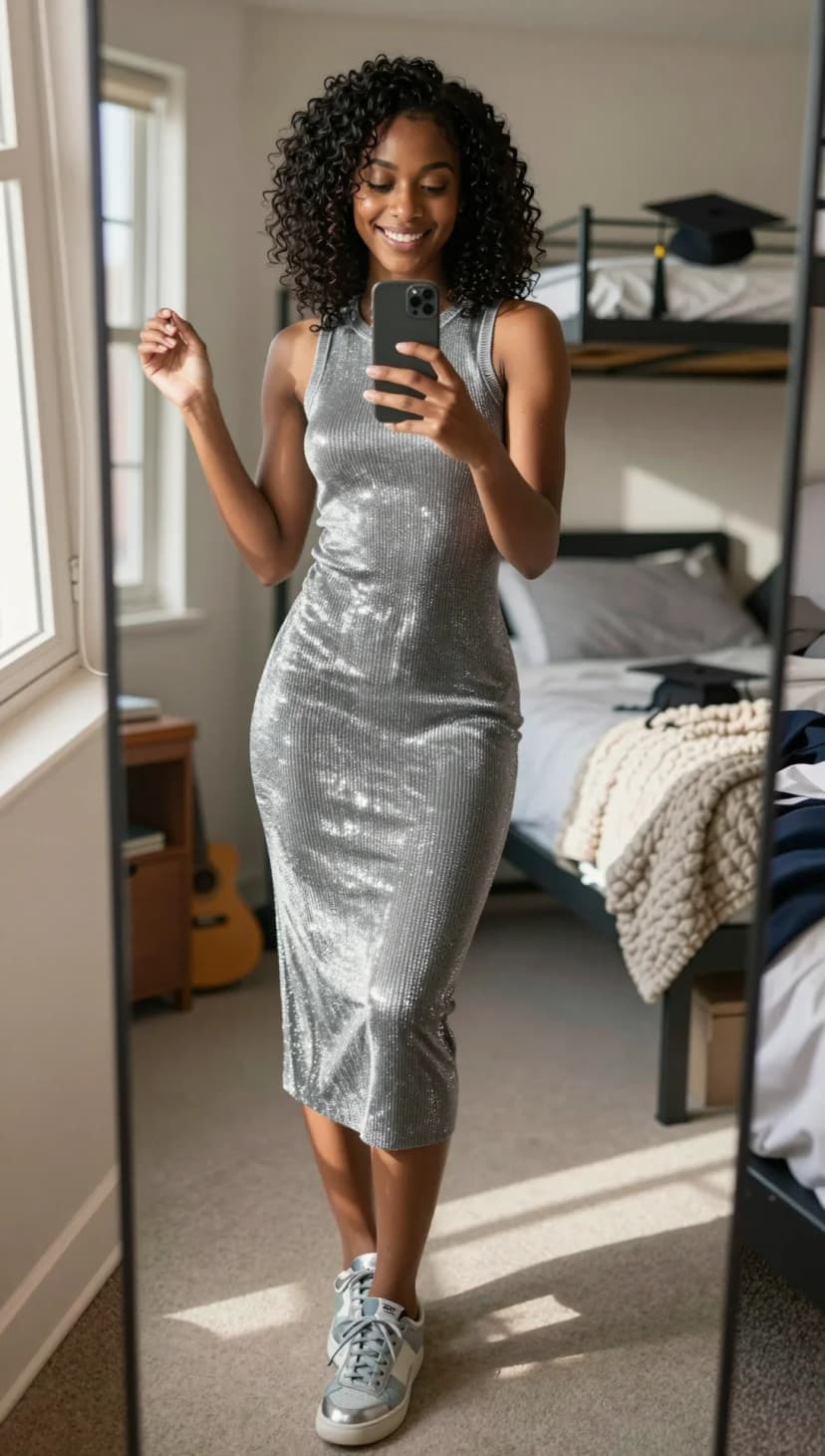 Silver Sequin Midi Dress + Grey and White Sneakers