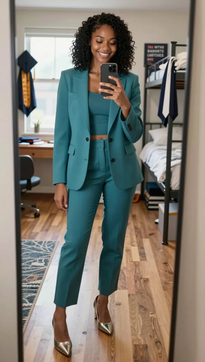 Teal Crepe Blazer + Teal Crepe Crop Top + Teal Crepe Trousers + Silver Pointed Pumps