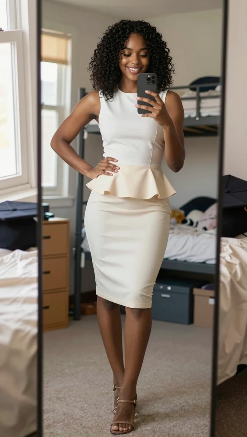 Ivory Peplum Sheath Dress + Tan Strappy Heels