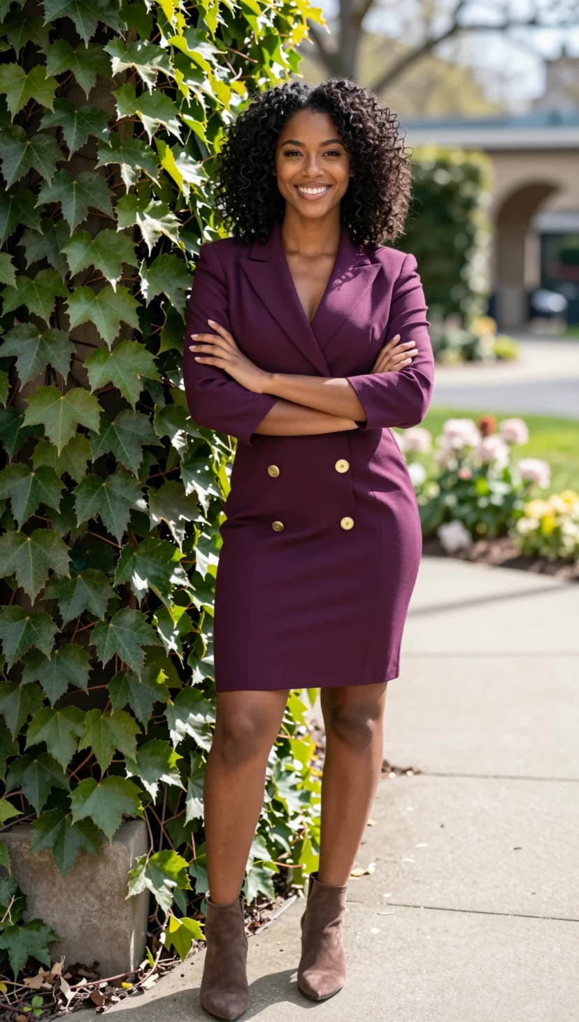 Plum Double-Breasted Blazer Dress + Taupe Suede Ankle Boots