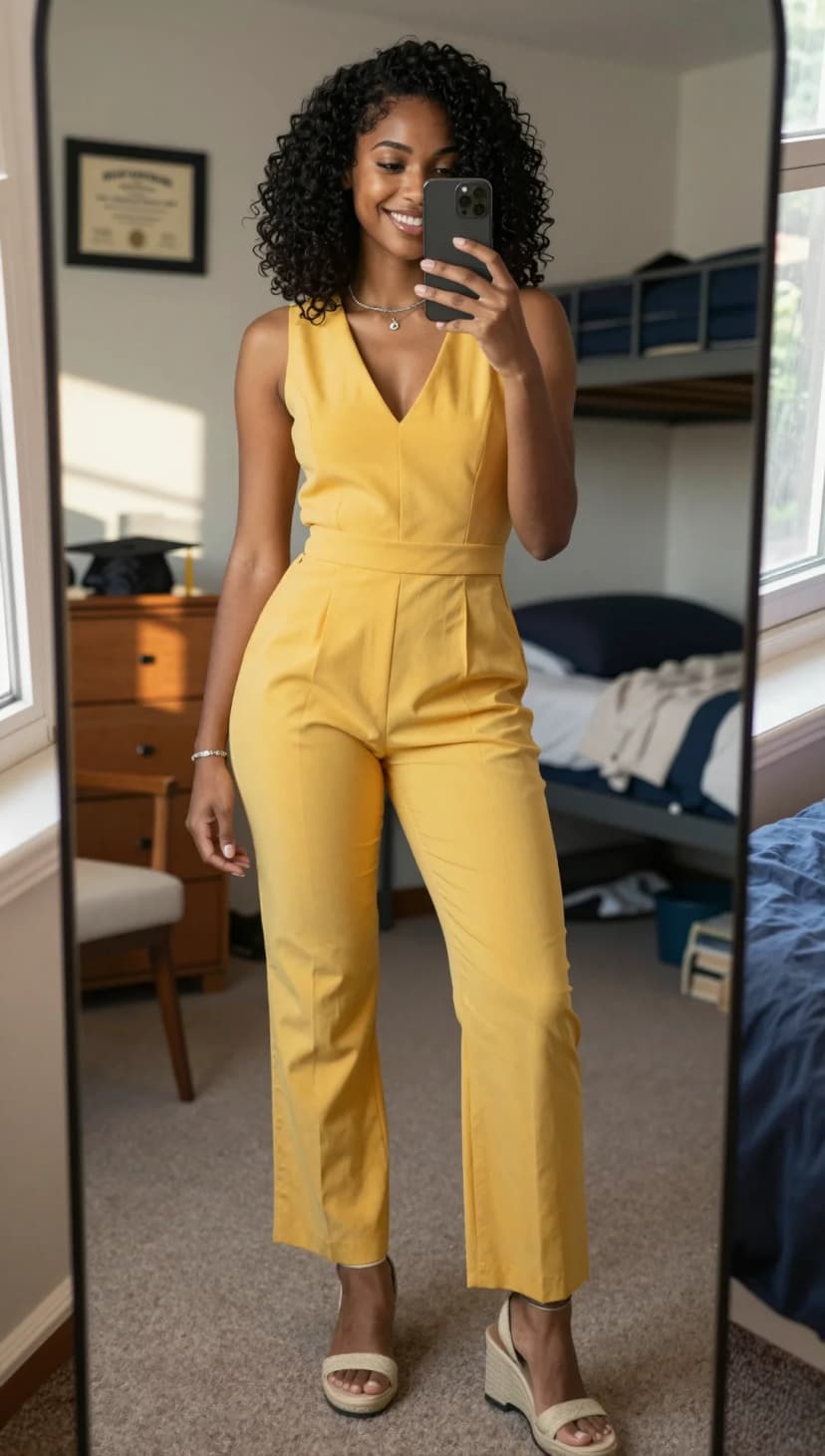 Yellow Linen Jumpsuit + Natural Espadrille Wedges