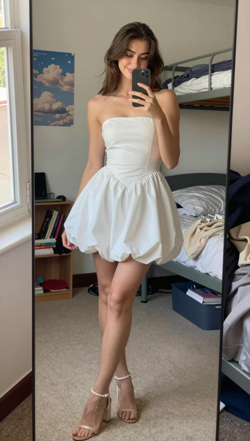 White Strapless Bubble Mini Dress + Nude Strap Block Heels