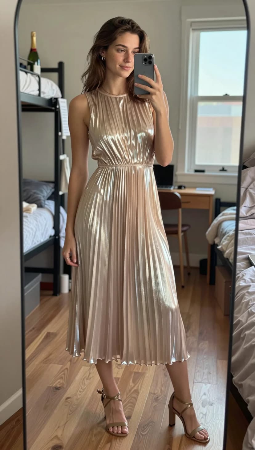 Gold Metallic Pleated Midi Dress + Gold Strappy Heels