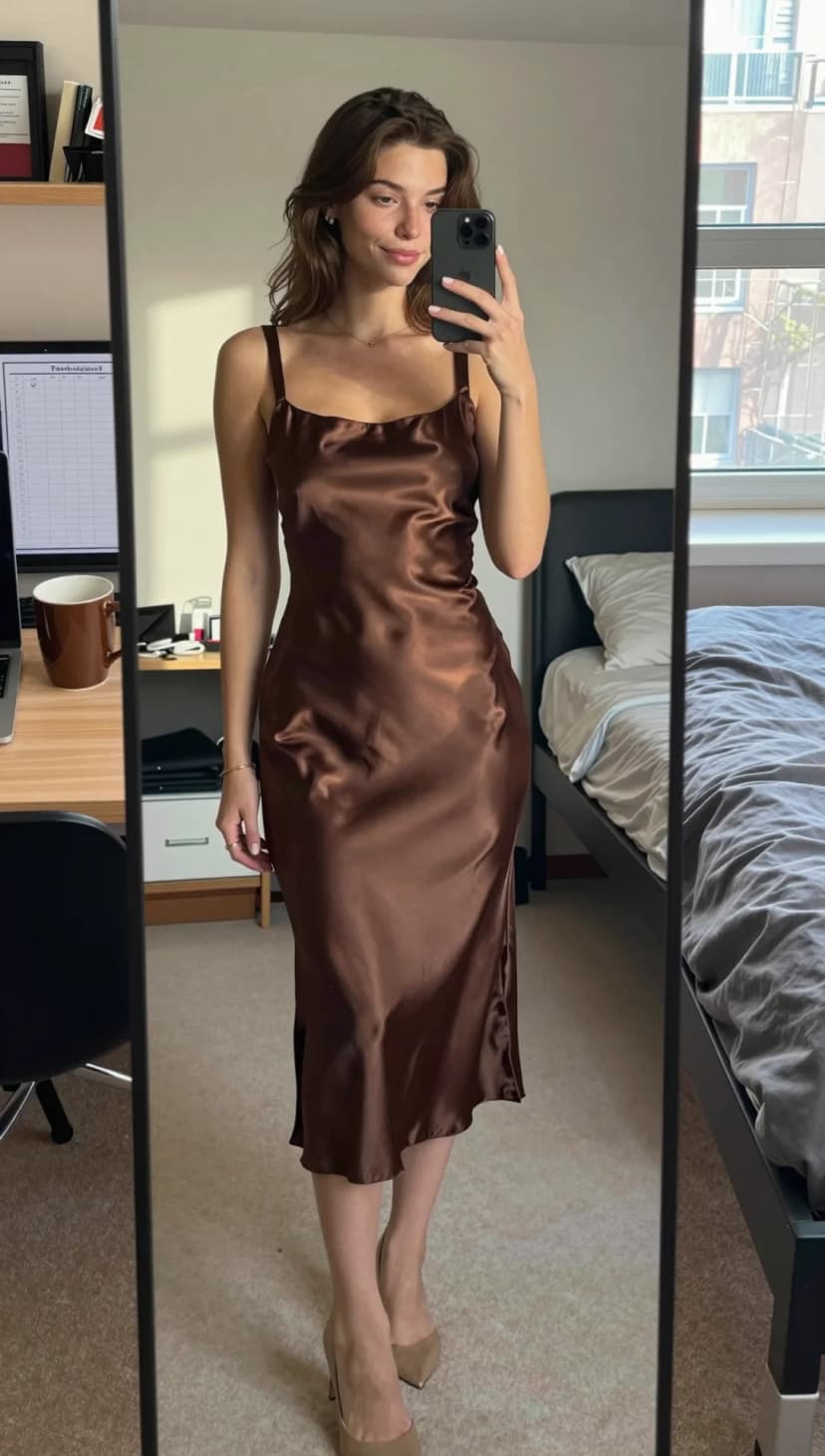 Brown Satin Slip Dress + Nude Pointed-Toe Heels
