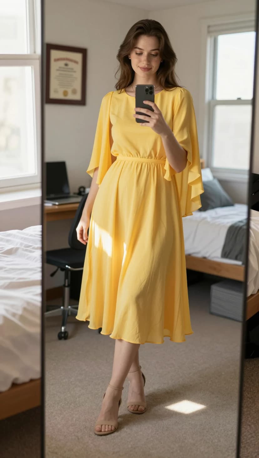 Yellow Chiffon Midi Dress + Nude Strappy Heels