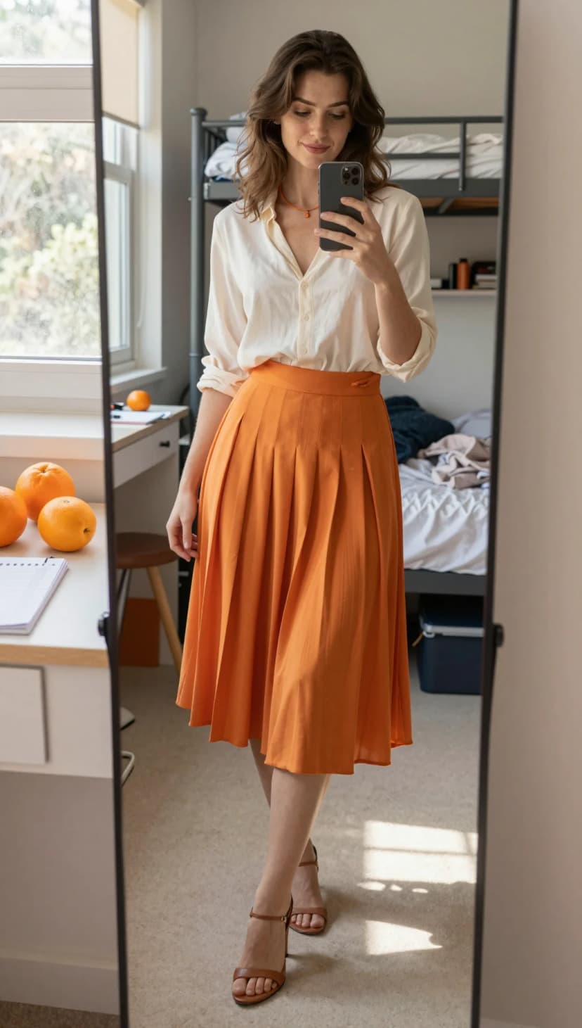 Cream Linen Button-Down Shirt + Orange Pleated Midi Skirt + Brown Strappy Heels