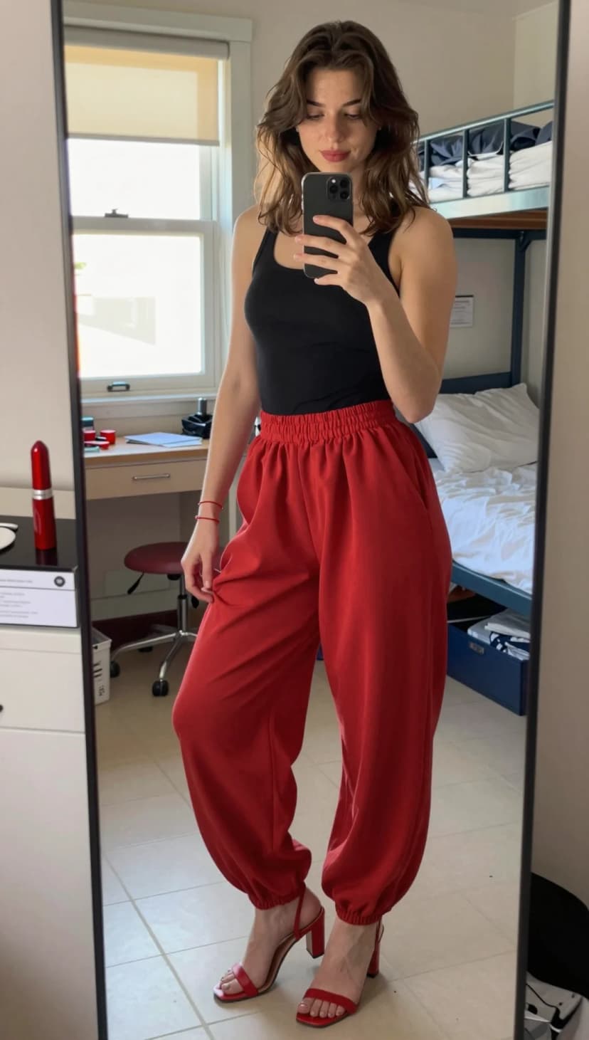 Black Ribbed Tank Top + Red Linen Cargo Pants + Red Strappy Heels
