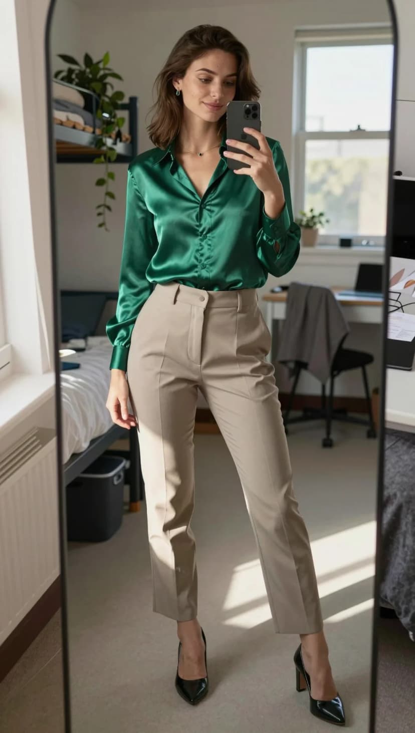 Emerald Satin Button-Down Shirt + Beige Tailored Trousers + Black Patent Leather Pumps