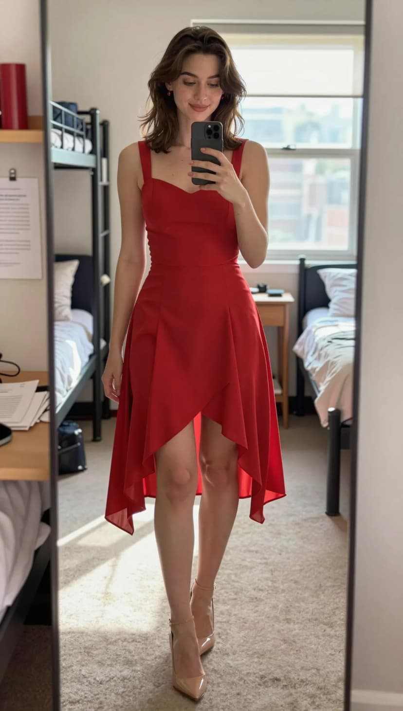 Red Asymmetrical Hem Cocktail Dress + Nude Pointed-Toe Heels